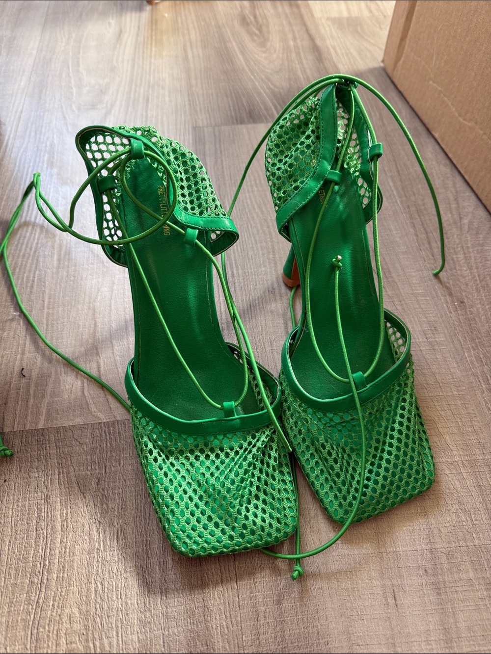 PrettyLittleThing Green Lace-Up Mesh Square-Toe Heels